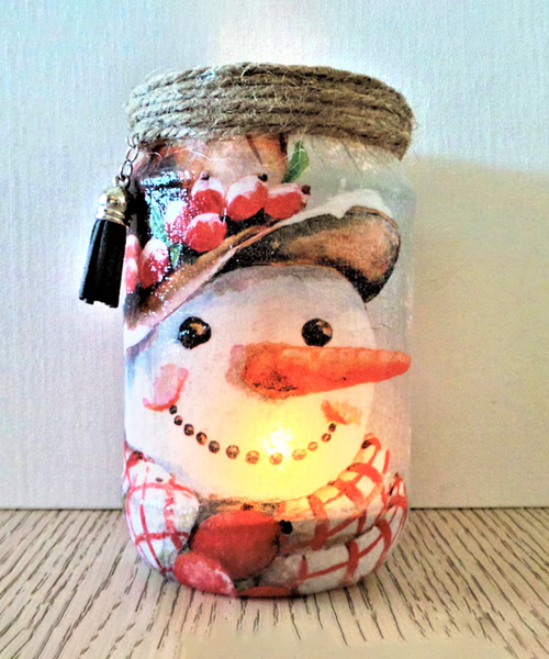 Urlaub Schneemann Szene Kerzenständer